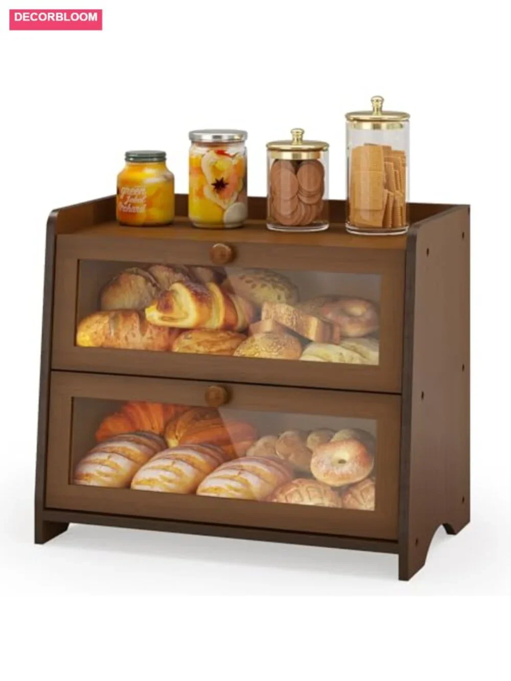 Double Layer Bamboo Bread Box with Acrylic Window, Large Kitchen Countertop
